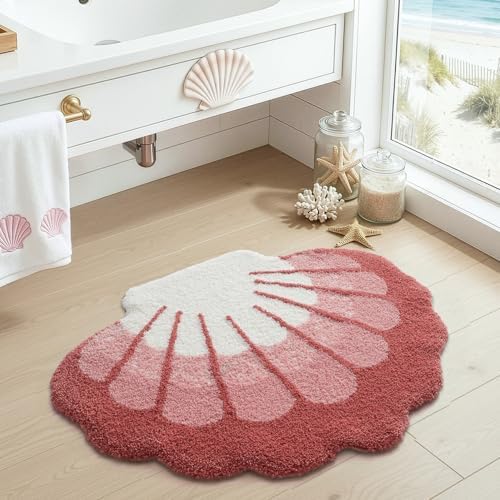 DEXI Cute Seashell Bath Mat, Coastal Scallop Bathroom Rug, 38x30 Pink