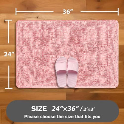 Pink Bathroom Rugs – Absorbent and Washable Bath Mat, Non-Slip, Thick Soft Chenille Bath Rugs for Bathroom Floor, Shower, Sink - 24" x 36"