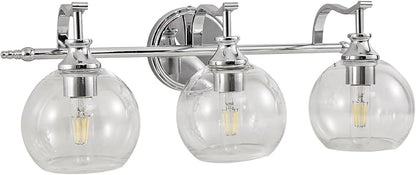 Chrome Vanity Light, 3-Light Polished Silver Bathroom Light Fixture Over Mirror, Modern Wall Sconce with Clear Glass Shade, Industrial Wall Lighting for Living Room, Bedroom, Hallway, 22.3"
