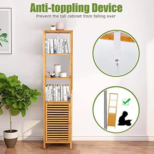 Tangkula Bathroom Cabinet, 65 Inch Tall Slim Bathroom Storage Cabinet with Shutter Door and 3 Open Shelves, Narrow Multifunctional Tower Cabinet, Natural Bamboo, 15.5 x 14.5 x 65 Inch