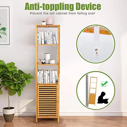 Tangkula Bathroom Cabinet, 65 Inch Tall Slim Bathroom Storage Cabinet with Shutter Door and 3 Open Shelves, Narrow Multifunctional Tower Cabinet, Natural Bamboo, 15.5 x 14.5 x 65 Inch