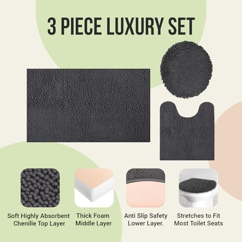 ITSOFT Standard 3pc Non-Slip Shaggy Chenille Bathroom Mat Set, Includes 24"x21" U-Shaped Contour Toilet Rug, 34"x21" Inches Bathmat and 1 Toilet Lid Cover, Spa Blue