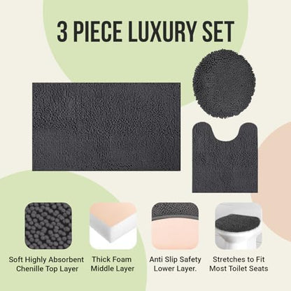 ITSOFT Standard 3pc Non-Slip Shaggy Chenille Bathroom Mat Set, Includes 24"x21" U-Shaped Contour Toilet Rug, 34"x21" Inches Bathmat and 1 Toilet Lid Cover, Spa Blue