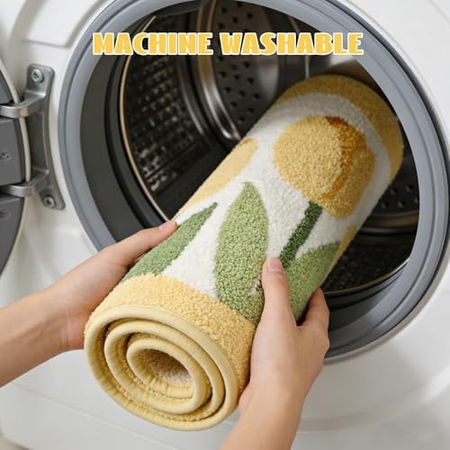 Wave-Shaped Tulip Bath Mat, Soft Non-Slip Fluffy Fresh Flowers Bathroom Rug, Ultra Absorbent Microfiber Shaggy Doormat, Machine Washable Floral Bath Rug for Bathroom Bedroom 20x32 Inch (Wave Yellow)