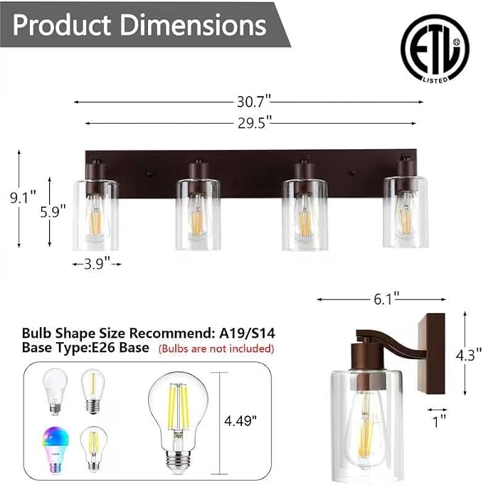 4 Lights Bathroom Light Fixtures Oil Rubbed Bronze Vanity Light with Clear Glass Shade 30in Modern Bathroom Lighting Fixtures Over Mirror for Bedroom/Living Room