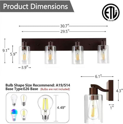 4 Lights Bathroom Light Fixtures Oil Rubbed Bronze Vanity Light with Clear Glass Shade 30in Modern Bathroom Lighting Fixtures Over Mirror for Bedroom/Living Room