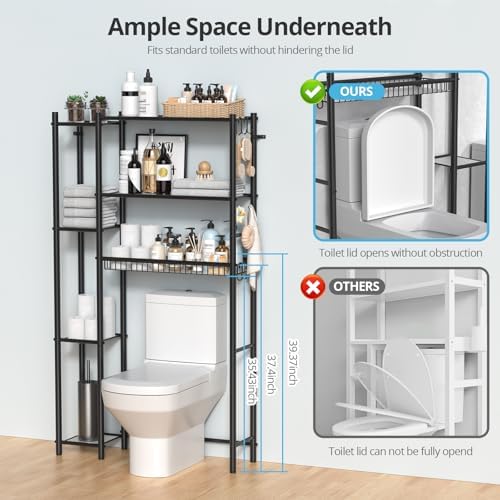 Hodonas Over The Toilet Storage Shelf - Bathroom Organizer Rack with 7-Tier Shelves, Adjustable Metal Shelf Above Toilet for Storage, Freestanding Bathroom Space Saver, Black