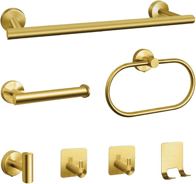 7-Piece Bathroom Accessory Set self-Adhesive Brushed Black Bathroom Hardware, Bath Towel Bar Set, Towel Racks for Bathroom, Wall Mounted Gold
