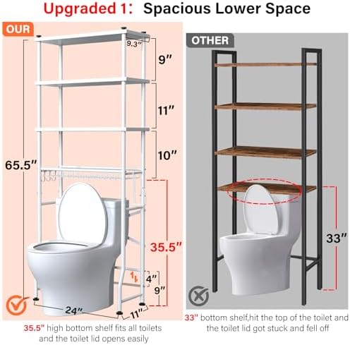 Over the Toilet Storage shelf, 4-Tier Bathroom Organizer Rack, Easy To Install with Adjustable Feet Pad and Basket Freestanding Bathroom Shelves Above Toilet, Space Saver Toilet Storage Cabinet(White)