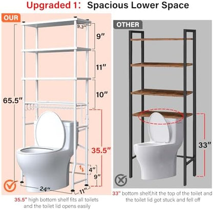 Over the Toilet Storage shelf, 4-Tier Bathroom Organizer Rack, Easy To Install with Adjustable Feet Pad and Basket Freestanding Bathroom Shelves Above Toilet, Space Saver Toilet Storage Cabinet(White)