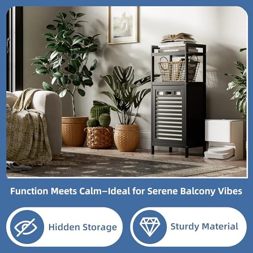 HITNET Tilt Out Laundry Hamper, Bamboo Bathroom Cabinet with Pull Out Removable Bag and 2 Tier Storage Shelves, 10 Gal Clothes Basket with Metal Handle, Black