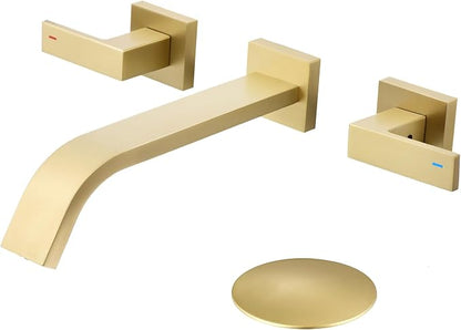 Brass Wall Mount Bathroom Faucet,Wall Mounted Vessel Sink Faucet with Dual Lever Handles,Widespread 3 Holes Wall Faucet for Vanity Lavatory Sink,Pop Up Without Overflow Drain Assembly Included