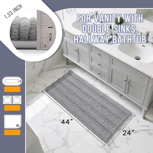 Yimobra Bathroom Rug Mat 44 x 24, Non Slip and Super Absorbent Bath Mat,Machine Washable Quick Dry,Ultra Plush Chenille Shower Rugs for Bathroom Floor Sink Tub and Shower Outside,Gray