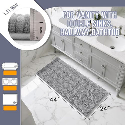 Yimobra Bathroom Rug Mat 44 x 24, Non Slip and Super Absorbent Bath Mat,Machine Washable Quick Dry,Ultra Plush Chenille Shower Rugs for Bathroom Floor Sink Tub and Shower Outside,Gray