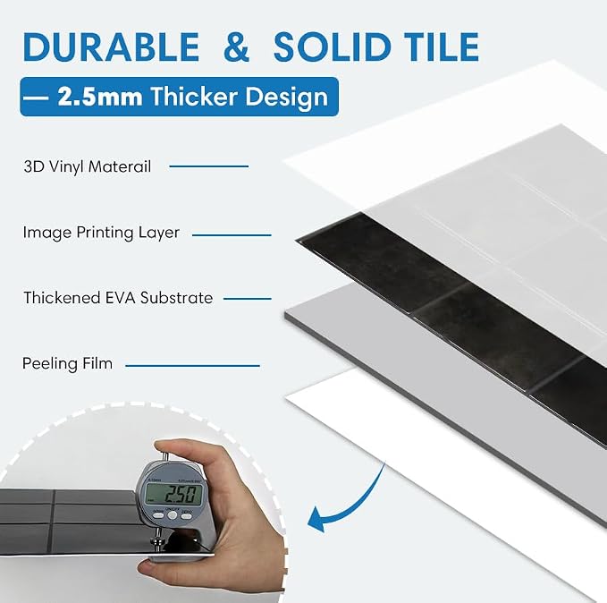 Thicker 3D Peel and Stick Backsplash Tiles, 10 Pcs 12" x 12" | Black Marble, Glossy Self Adhesive Backsplash Wall Sticker for Renter Friendly DIY Wall Makeover, Cover 10 sq ft，Removable