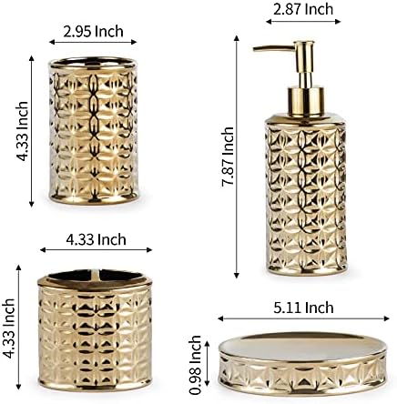 Gold Bathroom Accessory Set, 4-Piece Ceramic Bathroom Decorations Accessories Sets Includes Lotion Dispenser, Toothbrush Holder Tumbler and Soap Dish