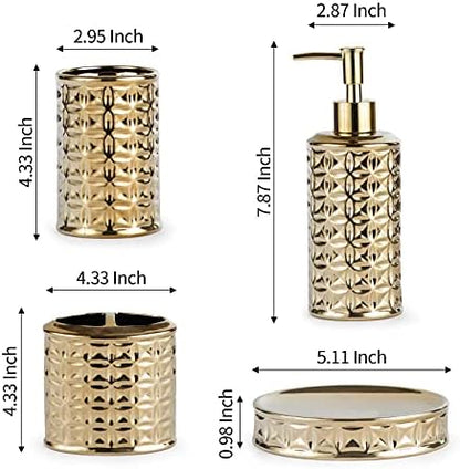 Gold Bathroom Accessory Set, 4-Piece Ceramic Bathroom Decorations Accessories Sets Includes Lotion Dispenser, Toothbrush Holder Tumbler and Soap Dish