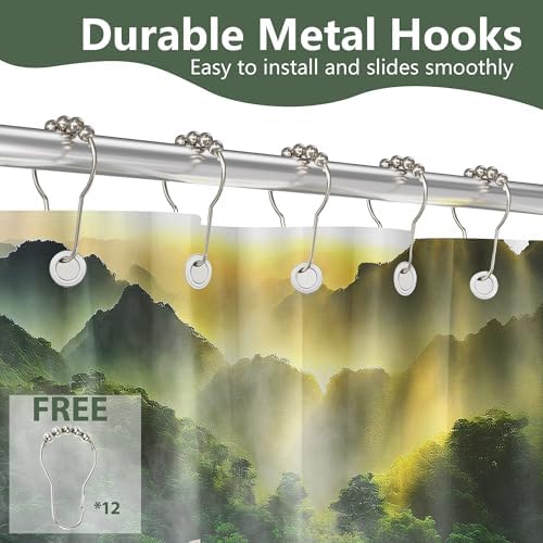Misty Forest Shower Curtain Mountain Nature Scenic Green Bathroom Decor, Waterproof Cloth Fabric with Hooks 70" W x 72" L