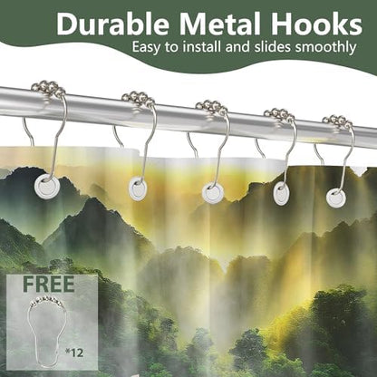 Misty Forest Shower Curtain Mountain Nature Scenic Green Bathroom Decor, Waterproof Cloth Fabric with Hooks 70" W x 72" L