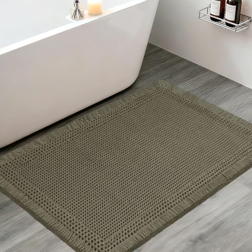 Upgraded Waffle Bath Mat, 32"x20" Greyish Green-Bordered, Super Absorbent Non-Slip Quick Dry Bathroom Rugs with Tassels, Machine Washable Ultra Soft Boho Bath Rugs, Toilet Mats Boho Farmhouse Decor