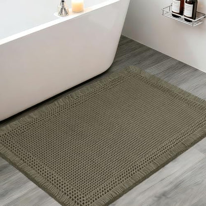 Upgraded Waffle Bath Mat, 32"x20" Greyish Green-Bordered, Super Absorbent Non-Slip Quick Dry Bathroom Rugs with Tassels, Machine Washable Ultra Soft Boho Bath Rugs, Toilet Mats Boho Farmhouse Decor