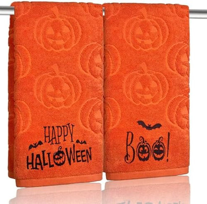 2 Pack Halloween Hand Towels 100% Cotton Jacquard Ghost Halloween Kitchen Towels White Bathroom Towels Set Seasonal Bathroom Decor (Yellow Pumpkin, Halloween)