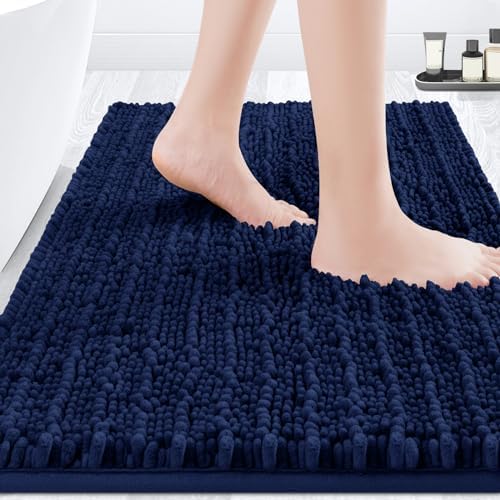ACCUMTEK Upgrade Luxury Navy Blue Bathroom Rug Mat 36"x24", Ultra Soft Thick Absorbent Bath Mats, Non Slip Chenille Toilet Mat for Bathroom, Bedroom, Kitchen, Shower, Tub