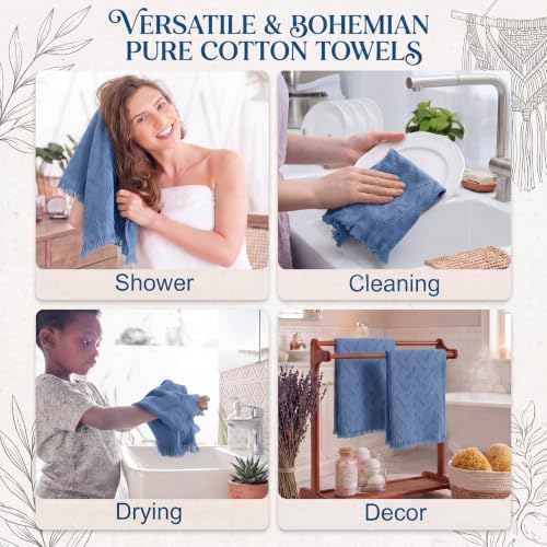 HunnmingRe 4 Pack Boho Hand Towel for Kitchen, Blue