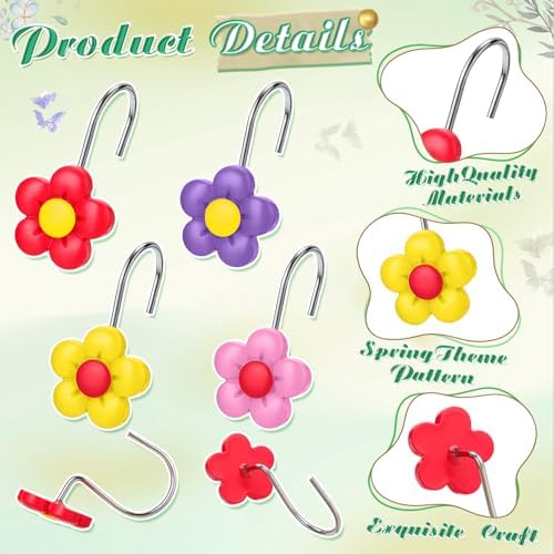 Thyle 12 Pcs Spring Floral Shower Curtain Hooks, Colorful Resin Ornament Rings Flower Shower Curtain Hooks for Bathroom Bedroom Accessories