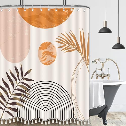 Boho Mid Century Leaf Shower Curtain Set,Arch Sun Design,Minimalistic Leaves Pattern,Waterproof and Luxurious Fabric-12 Hooks(Orange-60" x 72")