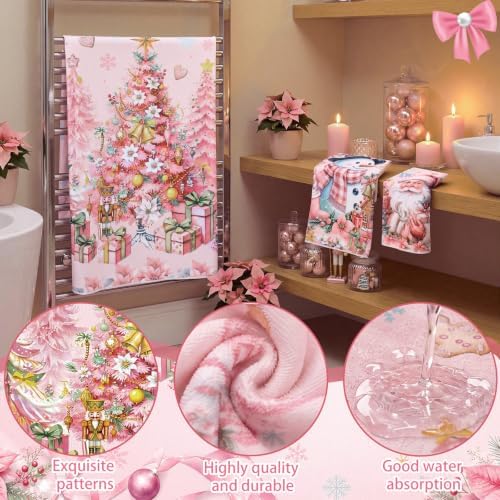Moukeren Set of 3 Pink Christmas Bathroom Towels Merry Christmas Bath Towel Hand Towels and Washcloth Soft Tree Santa Claus Snowman Decorative Towel Housewarming Gifts for Farmhouse Bathroom Kitchen
