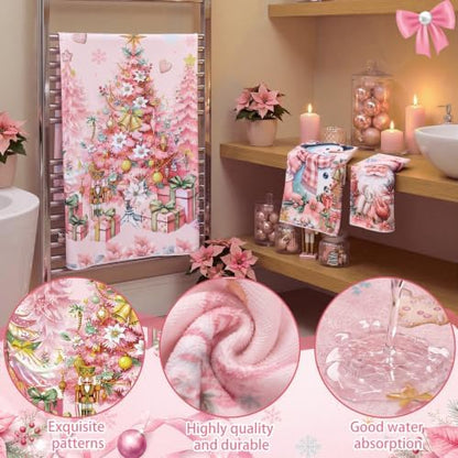 Moukeren Set of 3 Pink Christmas Bathroom Towels Merry Christmas Bath Towel Hand Towels and Washcloth Soft Tree Santa Claus Snowman Decorative Towel Housewarming Gifts for Farmhouse Bathroom Kitchen