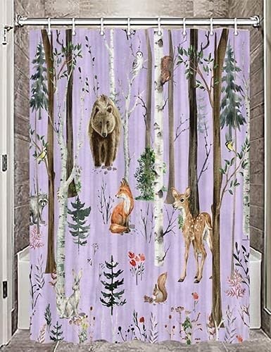 JAWO Rustic Forest Shower Curtains, Lodge Cabin Woodsy RV Shower Curtain, Wildlife Animals Woodland Campers Camping Bathroom Set with Hooks, 54x72 Inch, Purple