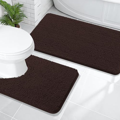 OLANLY Chenille Bathroom Rugs Mats Sets 2 Piece, 47"x20"+24"x20", Brown