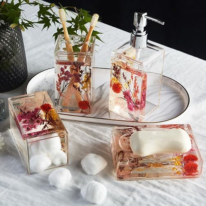 Locco Decor 4 Piece Acrylic Liquid 4D Floating Motion Bathroom Vanity Accessory Set Garden Botanic Pink Plants Toothbrush Holder, Tumbler, Soap Dispenser, Soap Dish