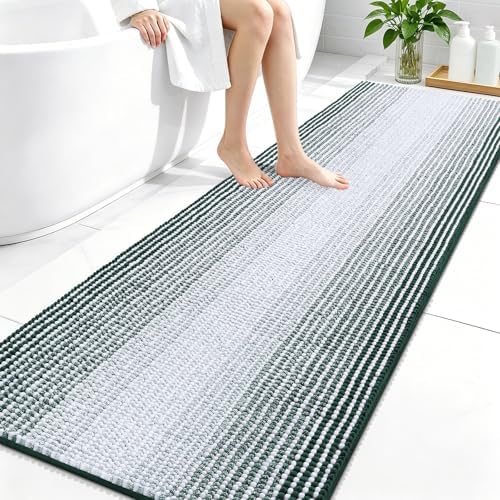 OLANLY Bathroom Runner Rugs 70x24, Soft Chenille Bath Rugs, Blackish Green