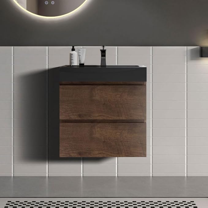 24" Floating Bathroom Vanity with Black Sink, Modern Bathroom Cabinet with Top and Soft Close Drawers, Spacious Storage for Small Space, Walnut - Lavanda Collection