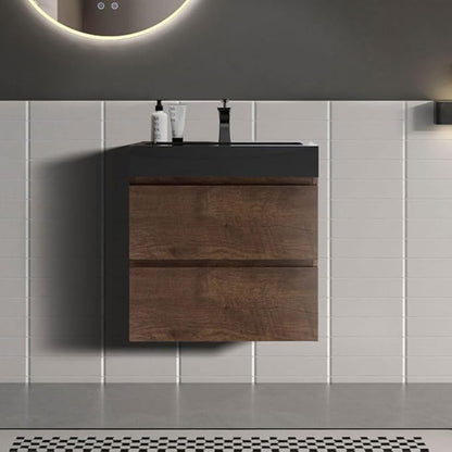 24" Floating Bathroom Vanity with Black Sink, Modern Bathroom Cabinet with Top and Soft Close Drawers, Spacious Storage for Small Space, Walnut - Lavanda Collection