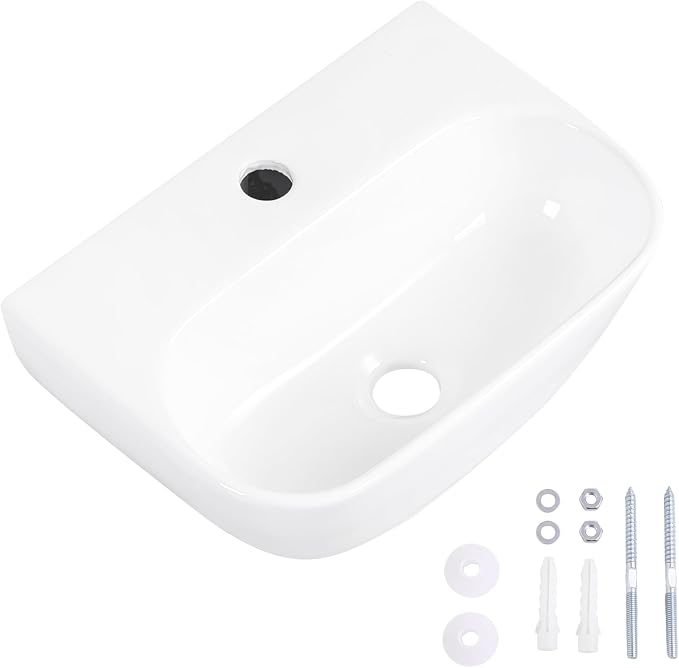Small Vessel Sink 17"x12" Wall Mount Bathroom Sink Wall Mounted Oval Wall Hung Mini White Porcelain Ceramic Floating Tiny Sink,Easy Install, Durable, Space-Saving, Ideal for Home,RV