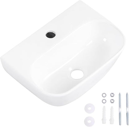 Small Vessel Sink 17"x12" Wall Mount Bathroom Sink Wall Mounted Oval Wall Hung Mini White Porcelain Ceramic Floating Tiny Sink,Easy Install, Durable, Space-Saving, Ideal for Home,RV