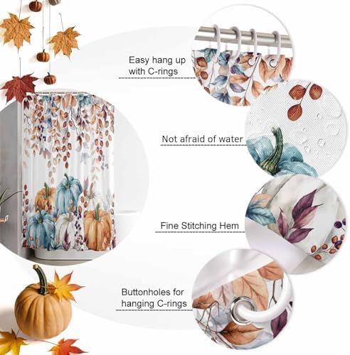 Shower Curtain Bathroom Set Fall Thanksgiving Pumpkin Orange Eucalyptus Leaf Waterproof Shower Curtains with Grommets Hooks Autumn Fallen Leaves Privacy Bath Curtain for Bathtub Decor 36x72in