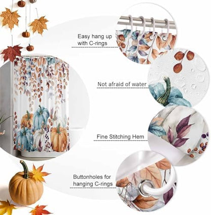 Shower Curtain Bathroom Set Fall Thanksgiving Pumpkin Orange Eucalyptus Leaf Waterproof Shower Curtains with Grommets Hooks Autumn Fallen Leaves Privacy Bath Curtain for Bathtub Decor 36x72in