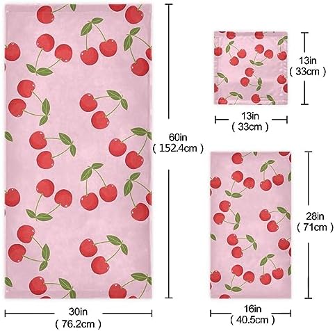Naanle Soft 1 Bath Towel+1 Hand Towel+1 Washcloth, Cute Cherry Sweet Pattern 3 Towels Set Decor for Home,Bathroom, Hotel, Gym, Spa and Beach