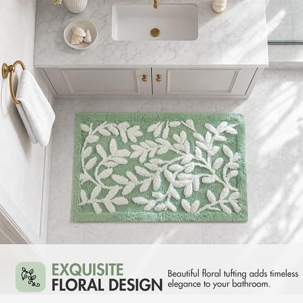 Madison Park Serene Tufted Bath Rug Cotton Absorbent, 21 x 34, Sage Green | Quick Dry, Soft Pile, Machine Washable, Floral Pattern, Plush, OEKO-TEX Certified