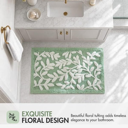 Madison Park Serene Tufted Bath Rug Cotton Absorbent, 21 x 34, Sage Green | Quick Dry, Soft Pile, Machine Washable, Floral Pattern, Plush, OEKO-TEX Certified