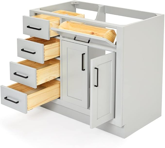 ARIEL Hepburn 36-inch Bathroom Vanity Base Cabinet,Solid Wood, 2 Soft Closing Doors, 5 Dovetail Drawers, Grey