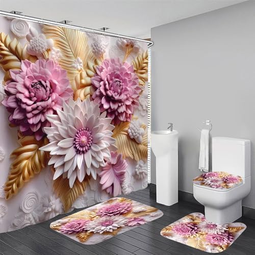 Chrainy 4pcs Pink Flowers Shower Cutain Bathroom Decor Sets with Rugs