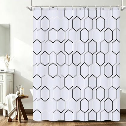 Modern Black and White Hexagon Geometric Shower Curtain, 36"W x 72"L