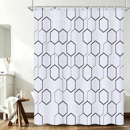 Modern Black and White Hexagon Geometric Shower Curtain, 72"W x 72"L