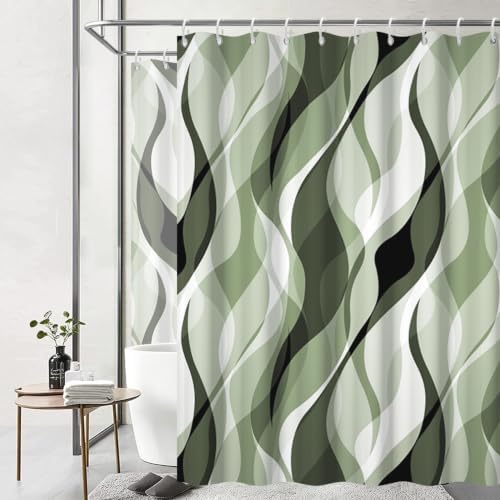 Green Striped Clawfoot Tub Shower Curtain 180x70 inch 30 Hooks